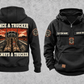 Trucker Once and Always Vintage Hoodie in Black, separate back and front views with boots and parked truck artwork, sample chest text CUSTOM NAME and SINCE 2000, and plain lower front pouch.