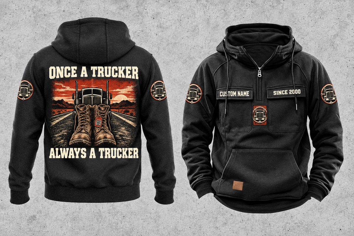 Trucker Once and Always Vintage Hoodie in Black, separate back and front views with boots and parked truck artwork, sample chest text CUSTOM NAME and SINCE 2000, and plain lower front pouch.
