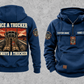 Trucker Once and Always Vintage Hoodie in Dark Blue, separate back and front views with boots and parked truck artwork, sample chest text CUSTOM NAME and SINCE 2000, and plain lower front pouch.