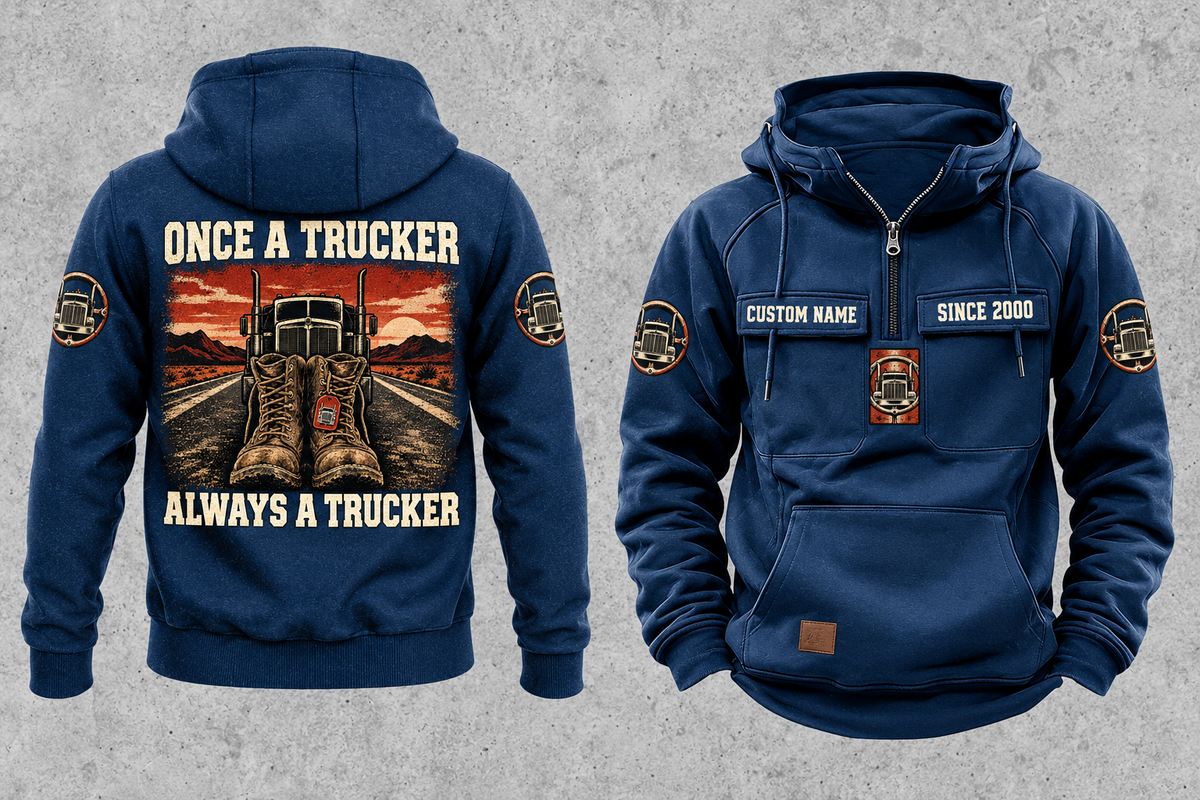 Trucker Once and Always Vintage Hoodie in Dark Blue, separate back and front views with boots and parked truck artwork, sample chest text CUSTOM NAME and SINCE 2000, and plain lower front pouch.