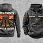Trucker Once and Always Vintage Hoodie in Dark Gray, separate back and front views with boots and parked truck artwork, sample chest text CUSTOM NAME and SINCE 2000, and plain lower front pouch.