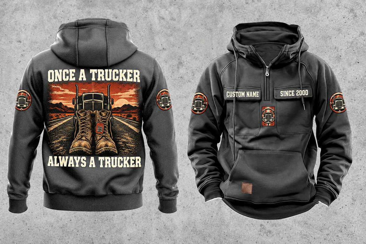 Trucker Once and Always Vintage Hoodie in Dark Gray, separate back and front views with boots and parked truck artwork, sample chest text CUSTOM NAME and SINCE 2000, and plain lower front pouch.
