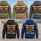 Five complete back views of the Trucker Once and Always Vintage Hoodie in Military Green, Kaki, Dark Gray, Black and Dark Blue, with boots and truck artwork, displayed against a parked unbranded truck and open-road landscape.