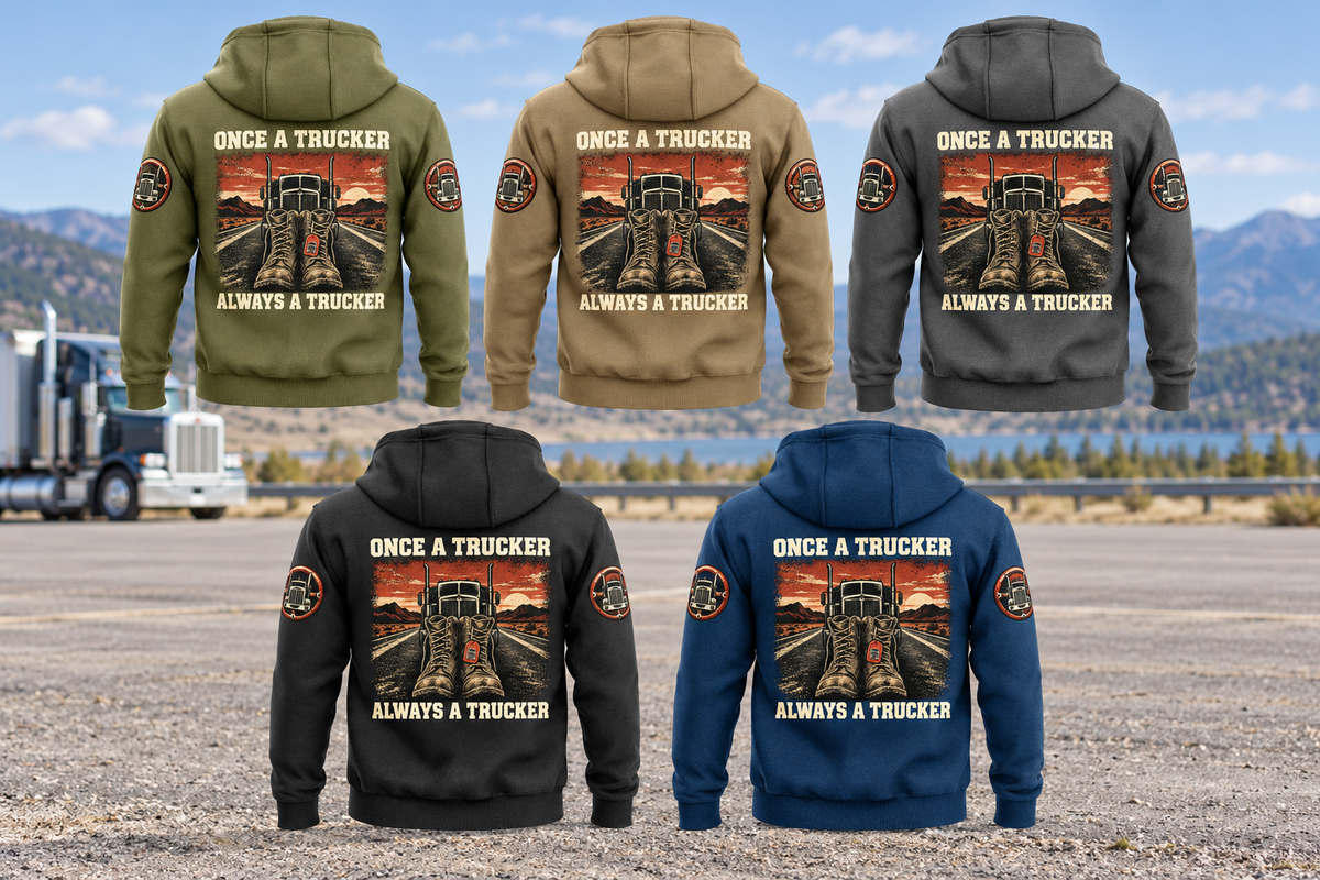 Five complete back views of the Trucker Once and Always Vintage Hoodie in Military Green, Kaki, Dark Gray, Black and Dark Blue, with boots and truck artwork, displayed against a parked unbranded truck and open-road landscape.