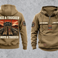 Trucker Once and Always Vintage Hoodie in Kaki, separate back and front views with boots and parked truck artwork, sample chest text CUSTOM NAME and SINCE 2000, and plain lower front pouch.