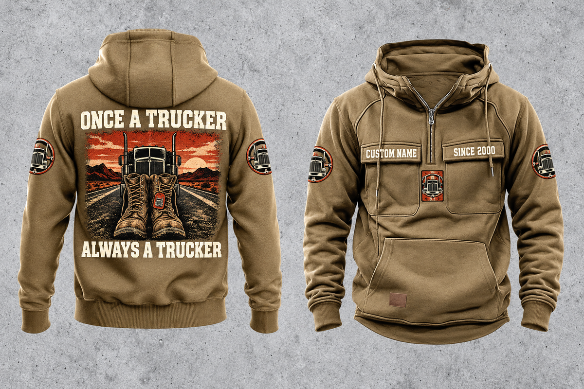 Trucker Once and Always Vintage Hoodie in Kaki, separate back and front views with boots and parked truck artwork, sample chest text CUSTOM NAME and SINCE 2000, and plain lower front pouch.
