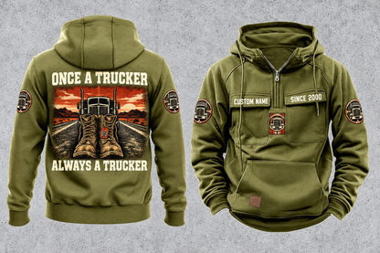 Trucker Once and Always Vintage Hoodie in Military Green, separate back and front views with boots and parked truck artwork, sample chest text CUSTOM NAME and SINCE 2000, and plain lower front pouch.