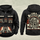 Trucker Heritage Crest Vintage Hoodie in Black, complete separated front and back views with CUSTOM NAME and SINCE 2000 sample tabs, chest truck motifs, brushed lower-front truck graphic and ornate trucker back crest.