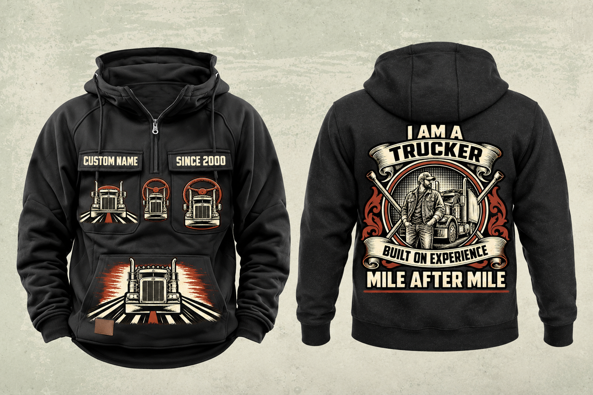 Trucker Heritage Crest Vintage Hoodie in Black, complete separated front and back views with CUSTOM NAME and SINCE 2000 sample tabs, chest truck motifs, brushed lower-front truck graphic and ornate trucker back crest.