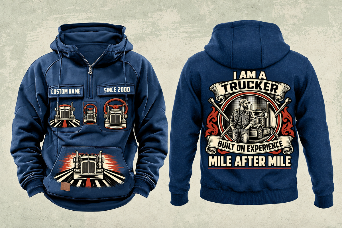 Trucker Heritage Crest Vintage Hoodie in Dark Blue, complete separated front and back views with CUSTOM NAME and SINCE 2000 sample tabs, chest truck motifs, brushed lower-front truck graphic and ornate trucker back crest.