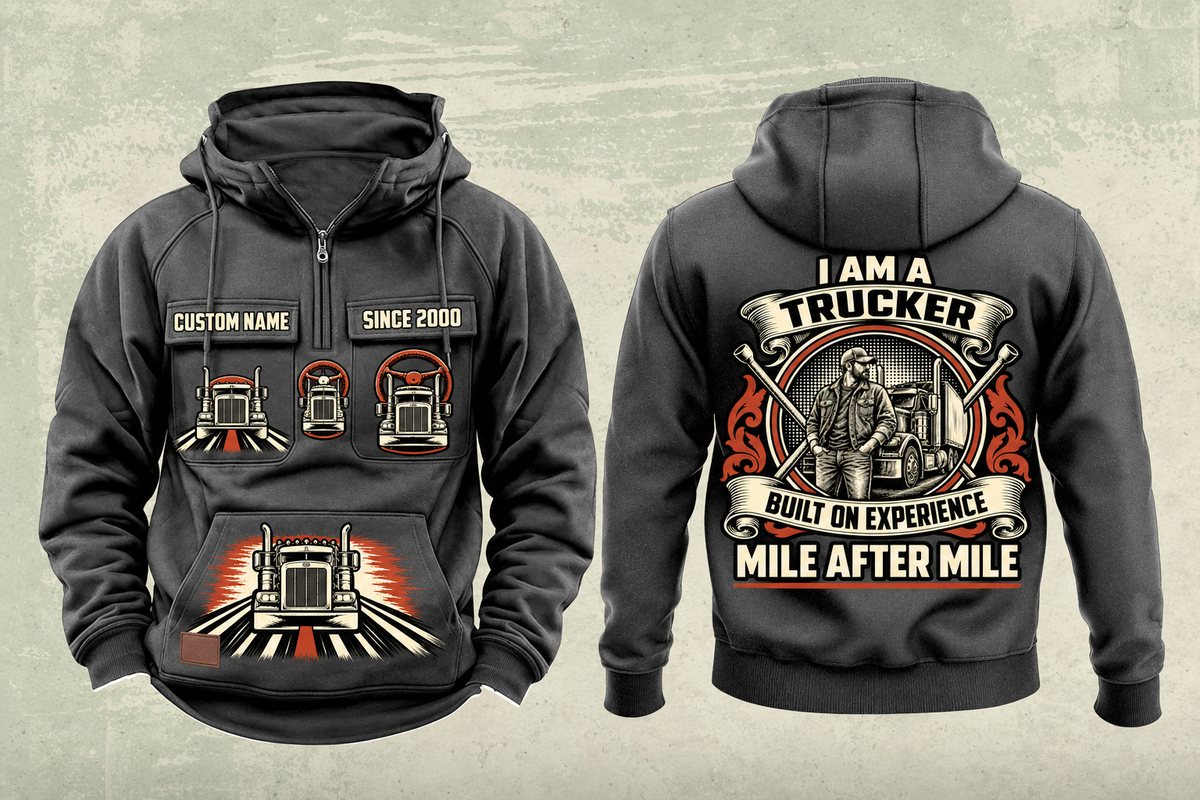 Trucker Heritage Crest Vintage Hoodie in Dark Gray, complete separated front and back views with CUSTOM NAME and SINCE 2000 sample tabs, chest truck motifs, brushed lower-front truck graphic and ornate trucker back crest.