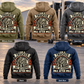 Trucker Heritage Crest Vintage Hoodie in all five colors, Military Green, Kaki, Dark Gray, Black and Dark Blue, shown as five complete separated back views with ornate trucker crests beside a parked unbranded truck.