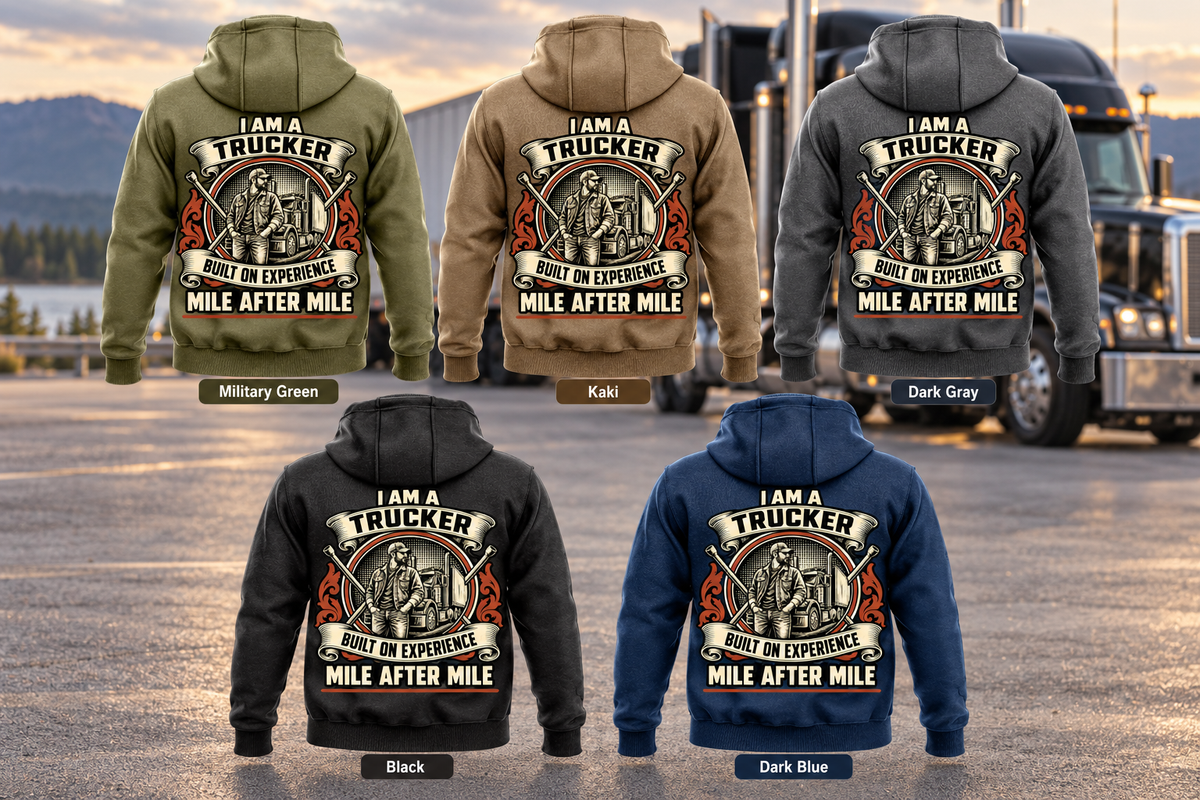 Trucker Heritage Crest Vintage Hoodie in all five colors, Military Green, Kaki, Dark Gray, Black and Dark Blue, shown as five complete separated back views with ornate trucker crests beside a parked unbranded truck.