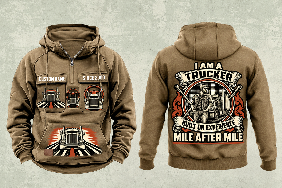 Trucker Heritage Crest Vintage Hoodie in Kaki, complete separated front and back views with CUSTOM NAME and SINCE 2000 sample tabs, chest truck motifs, brushed lower-front truck graphic and ornate trucker back crest.