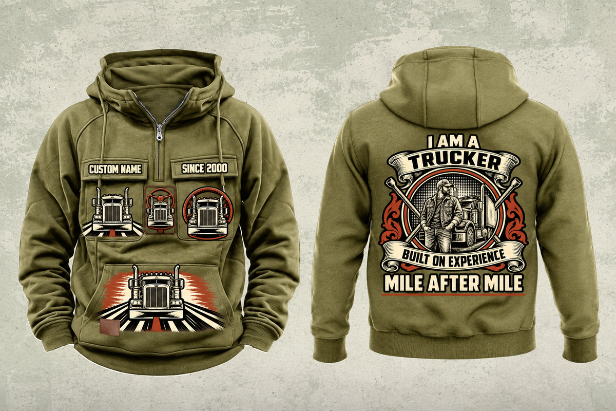 Trucker Heritage Crest Vintage Hoodie in Military Green, complete separated front and back views with CUSTOM NAME and SINCE 2000 sample tabs, chest truck motifs, brushed lower-front truck graphic and ornate trucker back crest.