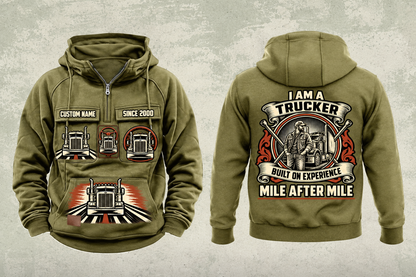 Trucker Heritage Crest Vintage Hoodie in Military Green, complete separated front and back views with CUSTOM NAME and SINCE 2000 sample tabs, chest truck motifs, brushed lower-front truck graphic and ornate trucker back crest.