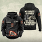 Trucker Never Ends Vintage Hoodie in Black, front and back views with CUSTOM NAME and SINCE 2000 chest samples, truck and steering-wheel sleeve symbols, lower-pocket truck print, and boots, cap and truck back artwork.