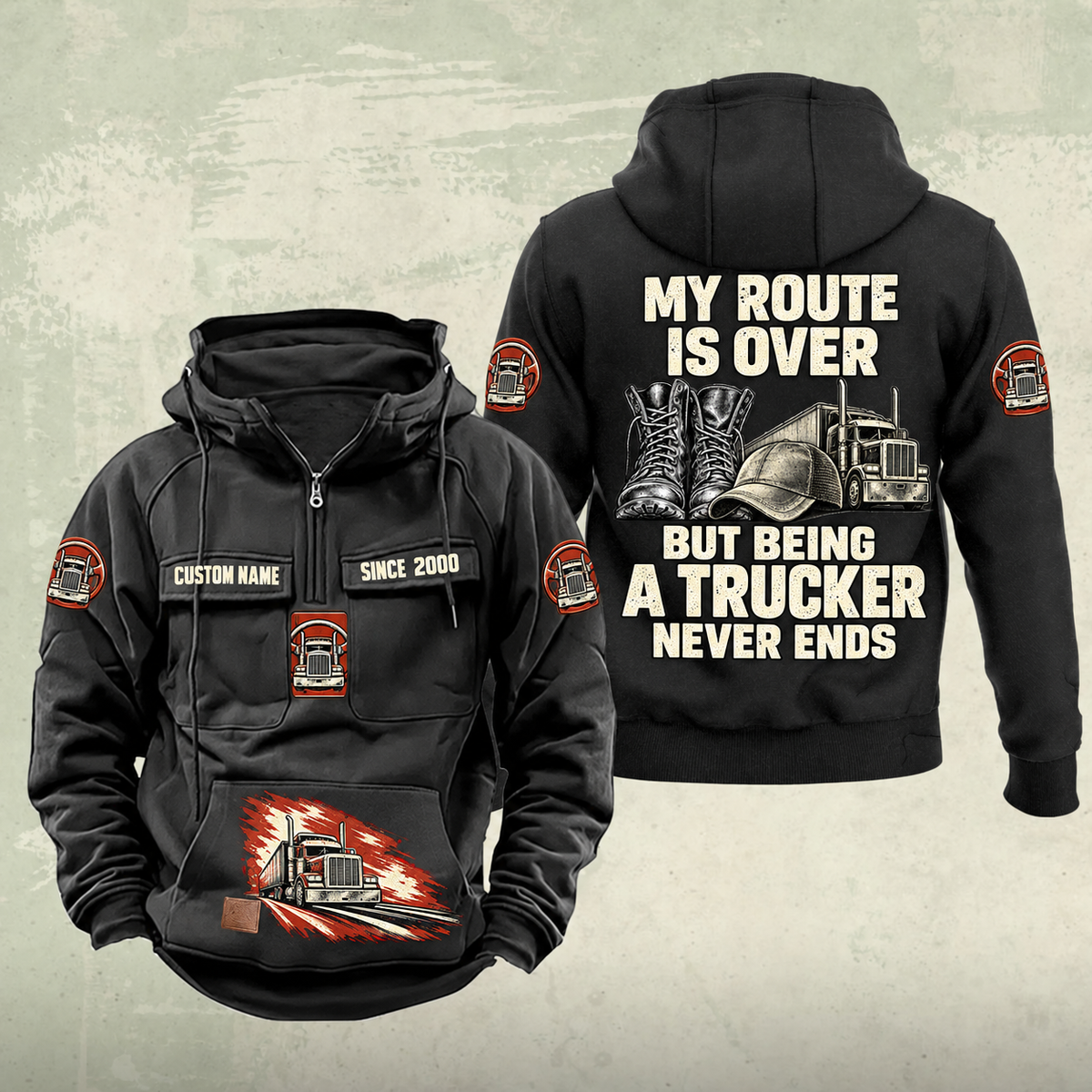 Trucker Never Ends Vintage Hoodie in Black, front and back views with CUSTOM NAME and SINCE 2000 chest samples, truck and steering-wheel sleeve symbols, lower-pocket truck print, and boots, cap and truck back artwork.