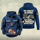 Trucker Never Ends Vintage Hoodie in Dark Blue, front and back views with CUSTOM NAME and SINCE 2000 chest samples, truck and steering-wheel sleeve symbols, lower-pocket truck print, and boots, cap and truck back artwork.