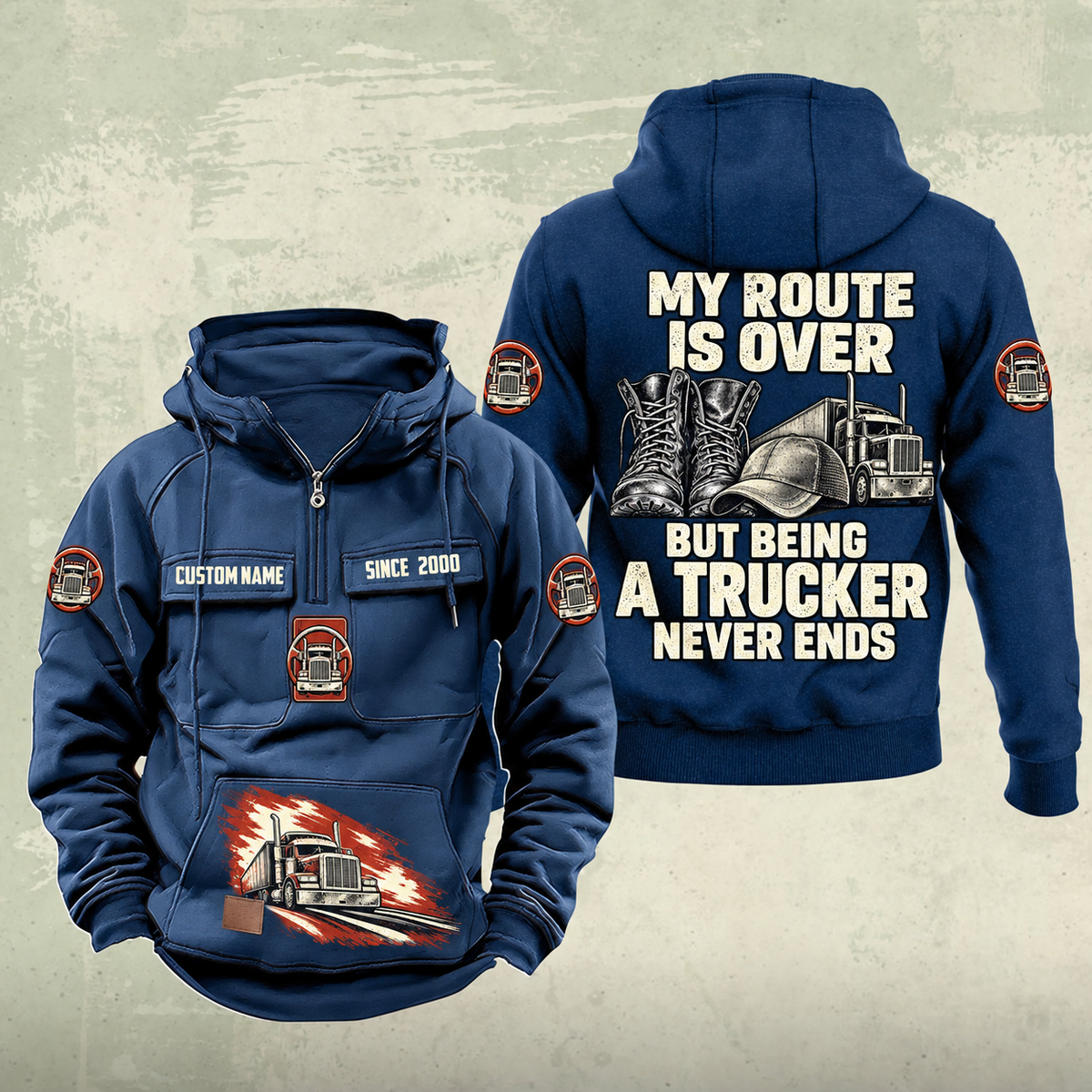 Trucker Never Ends Vintage Hoodie in Dark Blue, front and back views with CUSTOM NAME and SINCE 2000 chest samples, truck and steering-wheel sleeve symbols, lower-pocket truck print, and boots, cap and truck back artwork.