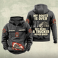 Trucker Never Ends Vintage Hoodie in Dark Gray, front and back views with CUSTOM NAME and SINCE 2000 chest samples, truck and steering-wheel sleeve symbols, lower-pocket truck print, and boots, cap and truck back artwork.