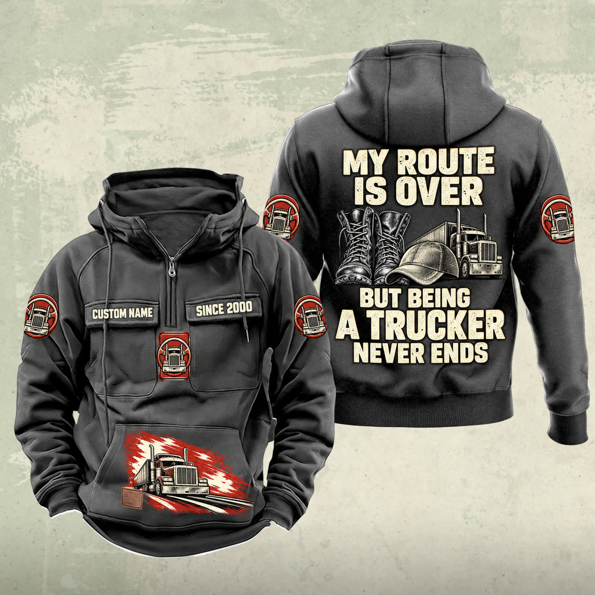 Trucker Never Ends Vintage Hoodie in Dark Gray, front and back views with CUSTOM NAME and SINCE 2000 chest samples, truck and steering-wheel sleeve symbols, lower-pocket truck print, and boots, cap and truck back artwork.