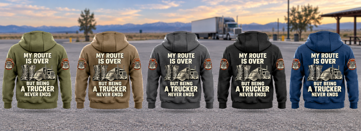 Five complete separated back views of the Trucker Never Ends Vintage Hoodie in Military Green, Kaki, Dark Gray, Black and Dark Blue, arranged left to right against a parked unbranded truck and open-road rest-area background.