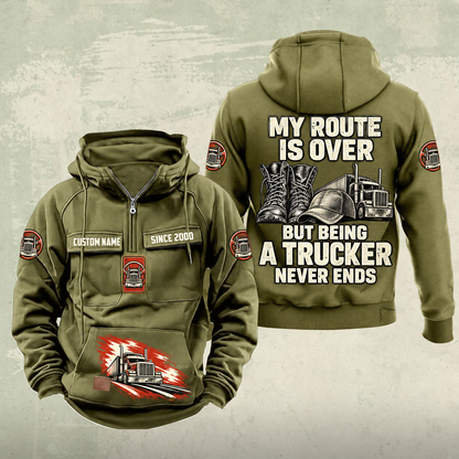 Trucker Never Ends Vintage Hoodie in Military Green, front and back views with CUSTOM NAME and SINCE 2000 chest samples, truck and steering-wheel sleeve symbols, lower-pocket truck print, and boots, cap and truck back artwork.