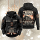 Trucker Skills and Pride Vintage Hoodie in Black, front and back views with sample text CUSTOM NAME and SINCE 2000, truck-and-road pouch graphic, and trucker portrait back artwork.