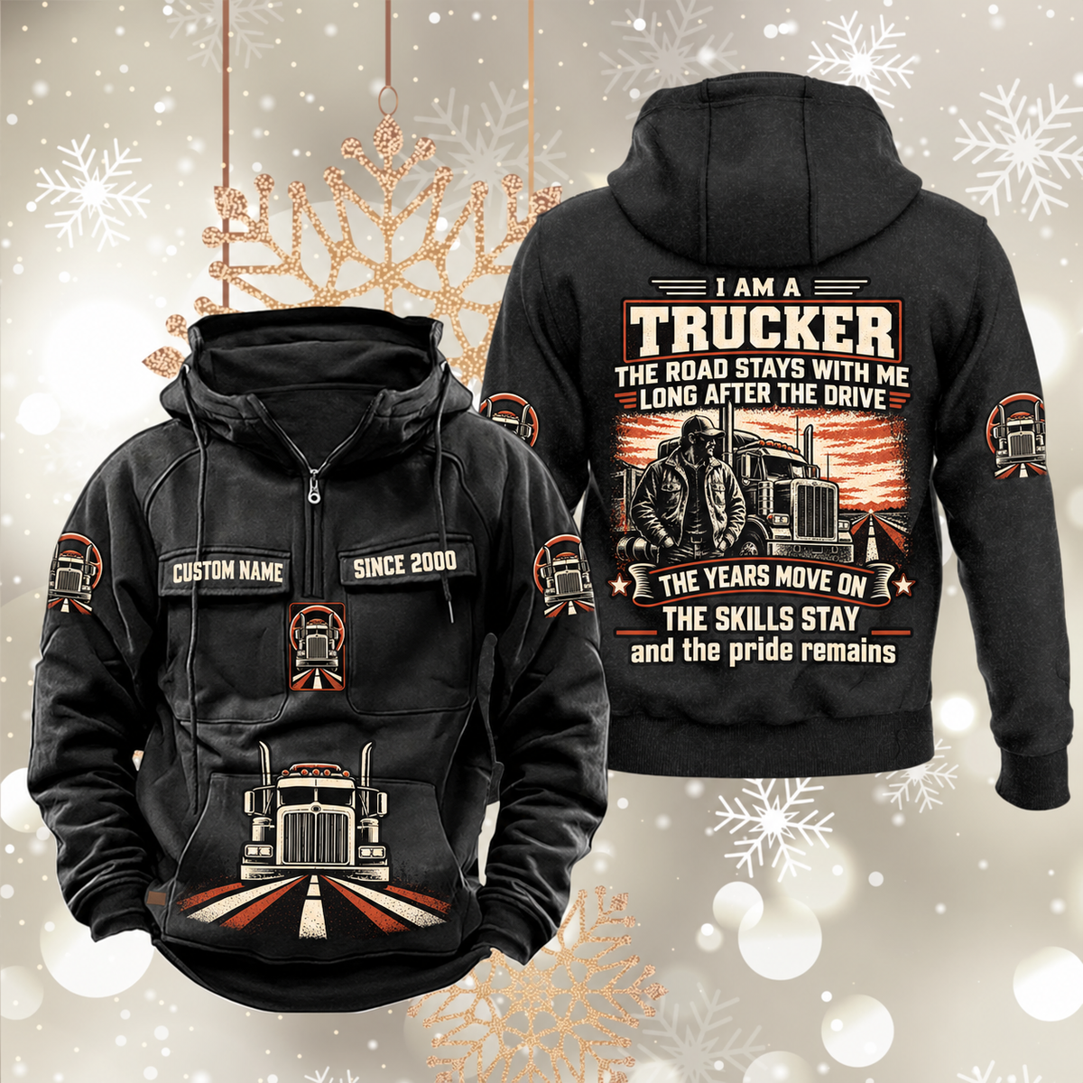 Trucker Skills and Pride Vintage Hoodie in Black, front and back views with sample text CUSTOM NAME and SINCE 2000, truck-and-road pouch graphic, and trucker portrait back artwork.