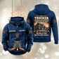 Trucker Skills and Pride Vintage Hoodie in Dark Blue, front and back views with sample text CUSTOM NAME and SINCE 2000, truck-and-road pouch graphic, and trucker portrait back artwork.