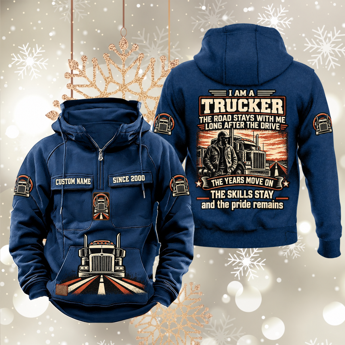 Trucker Skills and Pride Vintage Hoodie in Dark Blue, front and back views with sample text CUSTOM NAME and SINCE 2000, truck-and-road pouch graphic, and trucker portrait back artwork.