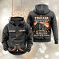 Trucker Skills and Pride Vintage Hoodie in Dark Gray, front and back views with sample text CUSTOM NAME and SINCE 2000, truck-and-road pouch graphic, and trucker portrait back artwork.
