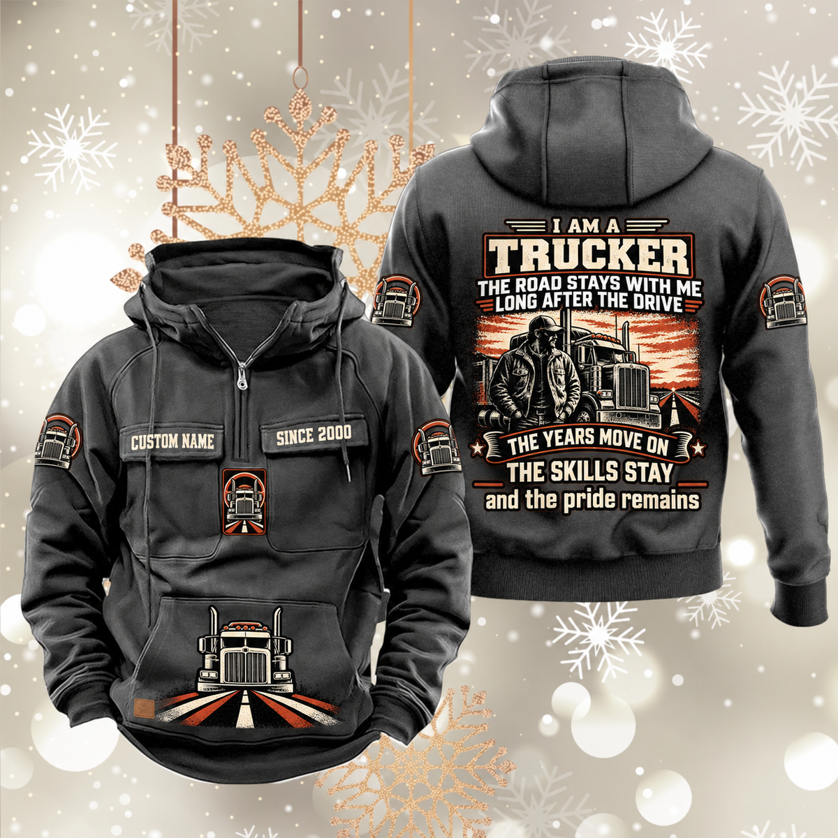 Trucker Skills and Pride Vintage Hoodie in Dark Gray, front and back views with sample text CUSTOM NAME and SINCE 2000, truck-and-road pouch graphic, and trucker portrait back artwork.