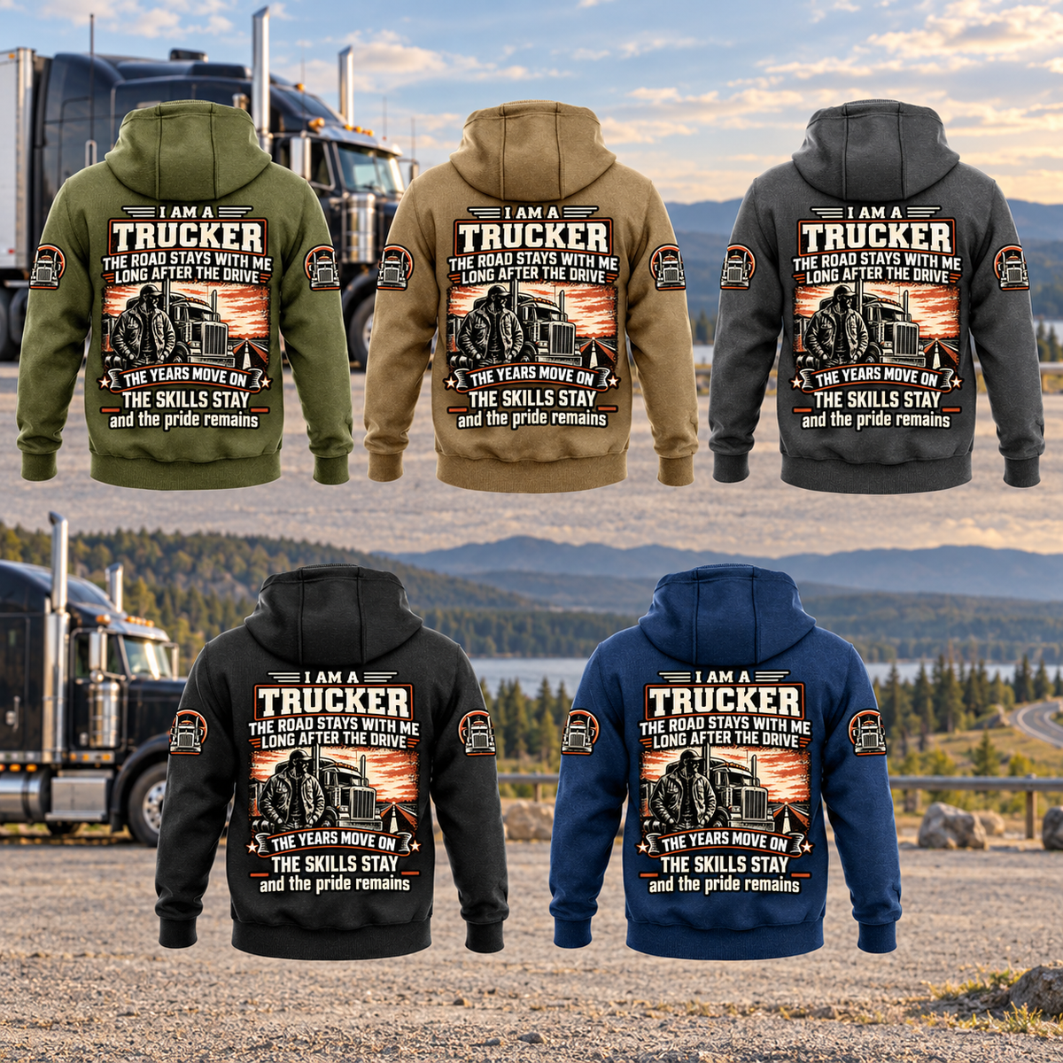 Trucker Skills and Pride Vintage Hoodie in Military Green, Kaki, Dark Gray, Black and Dark Blue, showing five complete back views with matching trucker portrait artwork against a parked unbranded truck and open-road landscape.