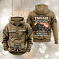 Trucker Skills and Pride Vintage Hoodie in Kaki, front and back views with sample text CUSTOM NAME and SINCE 2000, truck-and-road pouch graphic, and trucker portrait back artwork.
