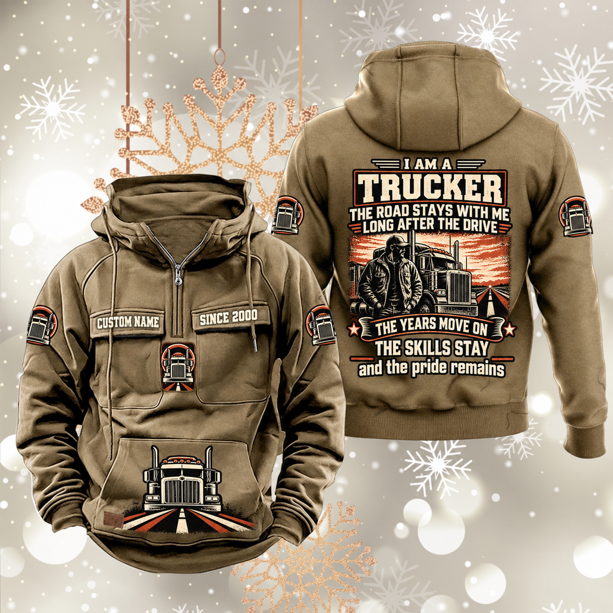Trucker Skills and Pride Vintage Hoodie in Kaki, front and back views with sample text CUSTOM NAME and SINCE 2000, truck-and-road pouch graphic, and trucker portrait back artwork.