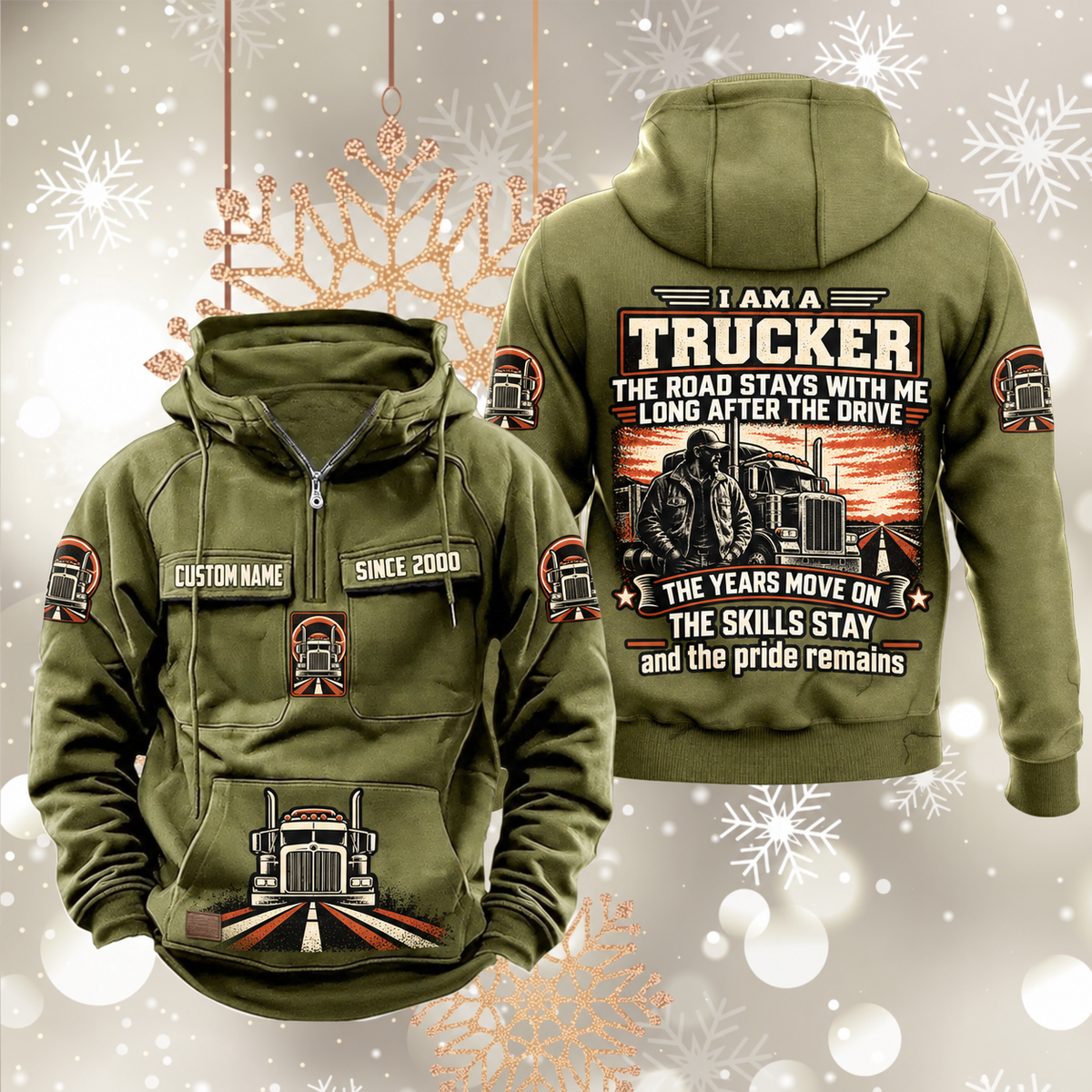 Trucker Skills and Pride Vintage Hoodie in Military Green, front and back views with sample text CUSTOM NAME and SINCE 2000, truck-and-road pouch graphic, and trucker portrait back artwork.