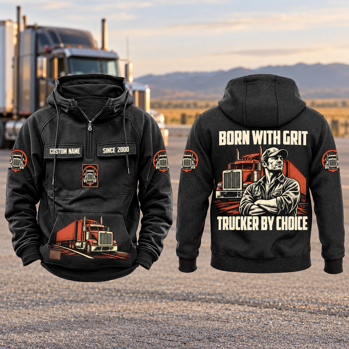 Trucker By Choice Vintage Hoodie in Black, complete front and back views with CUSTOM NAME and SINCE 2000 chest tabs, truck motifs, and BORN WITH GRIT / TRUCKER BY CHOICE portrait artwork, against a parked truck backdrop.