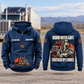 Trucker By Choice Vintage Hoodie in Dark Blue, complete front and back views with CUSTOM NAME and SINCE 2000 chest tabs, truck motifs, and BORN WITH GRIT / TRUCKER BY CHOICE portrait artwork, against a parked truck backdrop.