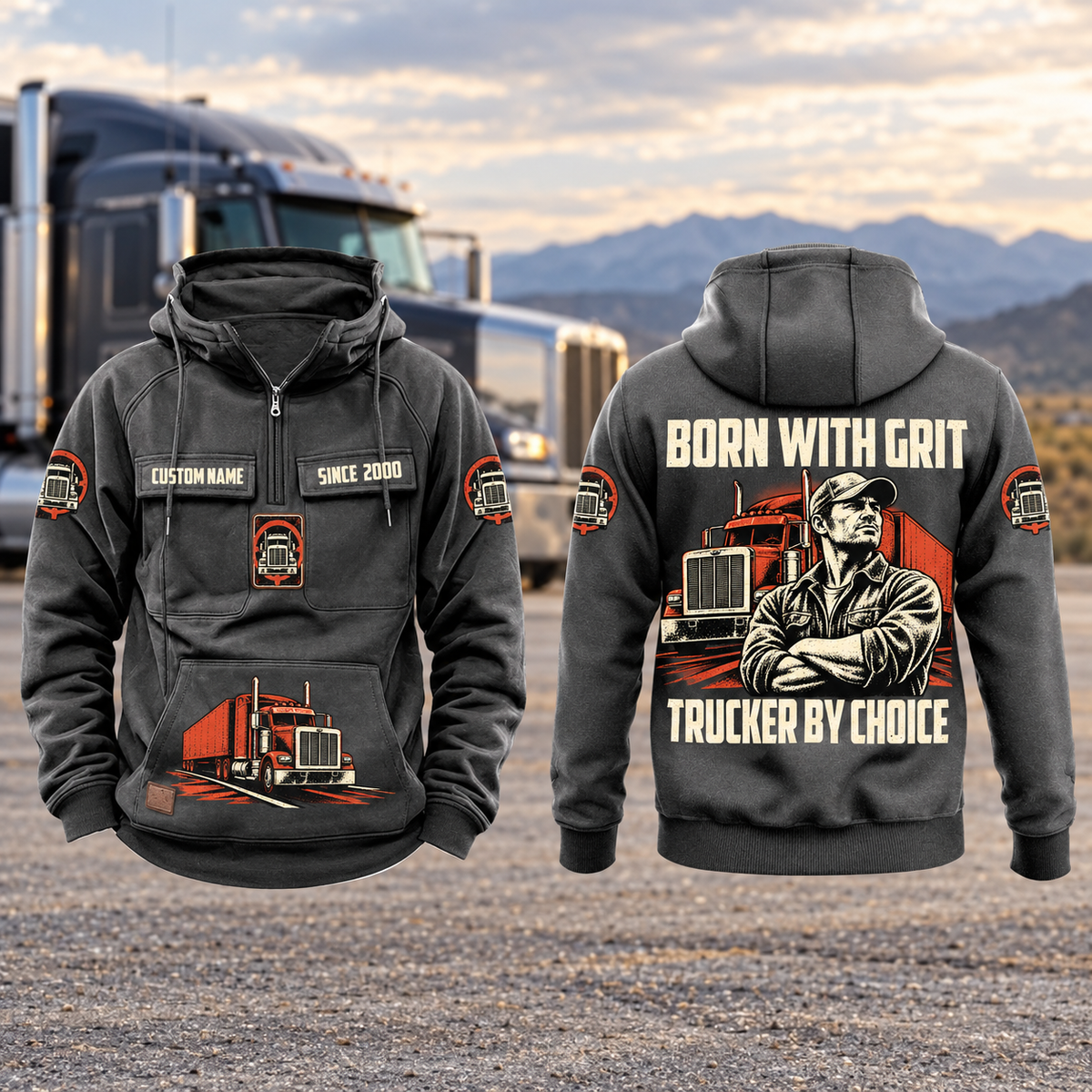 Trucker By Choice Vintage Hoodie in Dark Gray, complete front and back views with CUSTOM NAME and SINCE 2000 chest tabs, truck motifs, and BORN WITH GRIT / TRUCKER BY CHOICE portrait artwork, against a parked truck backdrop.