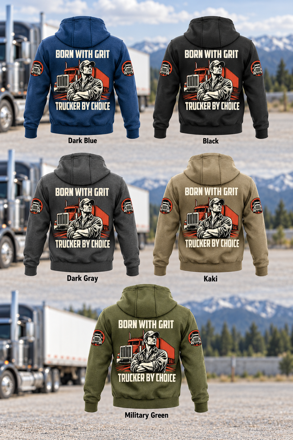 Trucker By Choice Vintage Hoodie in Dark Blue, Black, Dark Gray, Kaki and Military Green, shown as five separate complete back views in a two-plus-two-plus-one layout with color labels and parked truck backgrounds.
