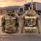 Trucker By Choice Vintage Hoodie in Kaki, complete front and back views with CUSTOM NAME and SINCE 2000 chest tabs, truck motifs, and BORN WITH GRIT / TRUCKER BY CHOICE portrait artwork, against a parked truck backdrop.
