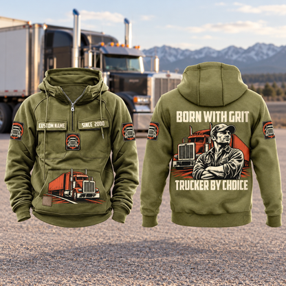 Trucker By Choice Vintage Hoodie in Military Green, complete front and back views with CUSTOM NAME and SINCE 2000 chest tabs, truck motifs, and BORN WITH GRIT / TRUCKER BY CHOICE portrait artwork, against a parked truck backdrop.