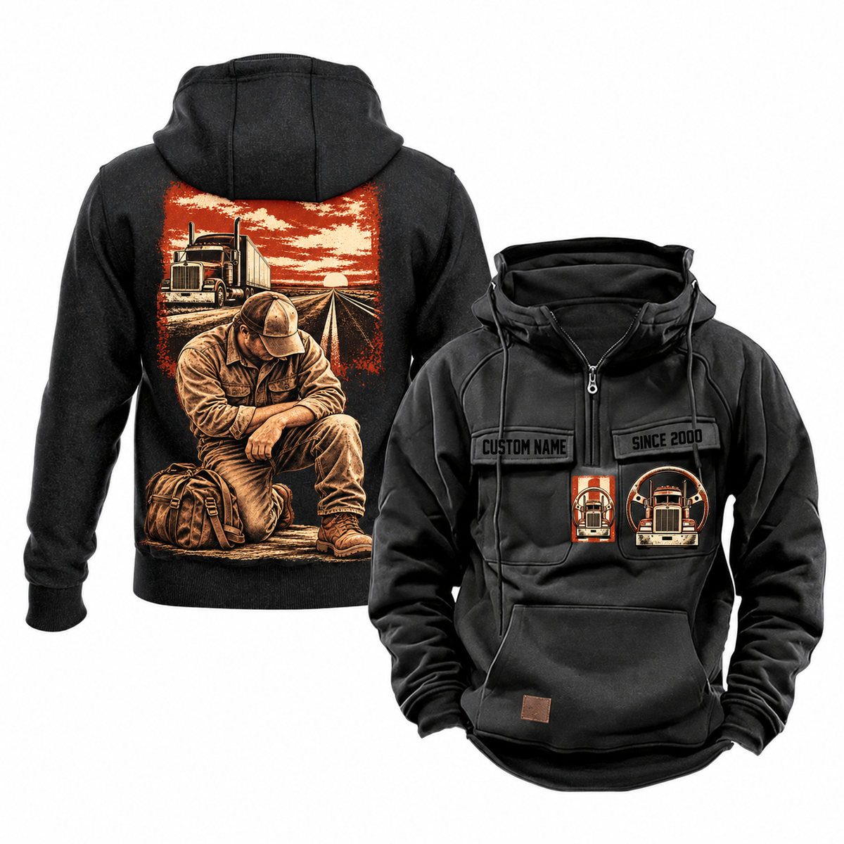 Trucker Ready Every Day Portrait Vintage Hoodie in Black, front and back views on white. Chest sample text reads CUSTOM NAME and SINCE 2000, with truck-and-steering-wheel emblems; back features a compact road-and-truck scene above a larger kneeling trucker beside a travel bag.