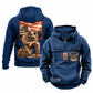 Trucker Ready Every Day Portrait Vintage Hoodie in Dark Blue, front and back views on white. Chest sample text reads CUSTOM NAME and SINCE 2000, with truck-and-steering-wheel emblems; back features a compact road-and-truck scene above a larger kneeling trucker beside a travel bag.