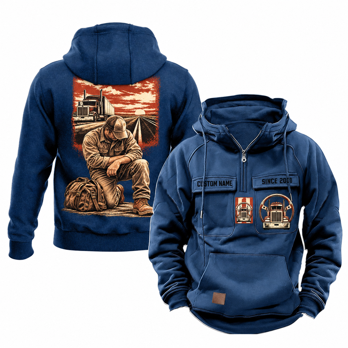 Trucker Ready Every Day Portrait Vintage Hoodie in Dark Blue, front and back views on white. Chest sample text reads CUSTOM NAME and SINCE 2000, with truck-and-steering-wheel emblems; back features a compact road-and-truck scene above a larger kneeling trucker beside a travel bag.