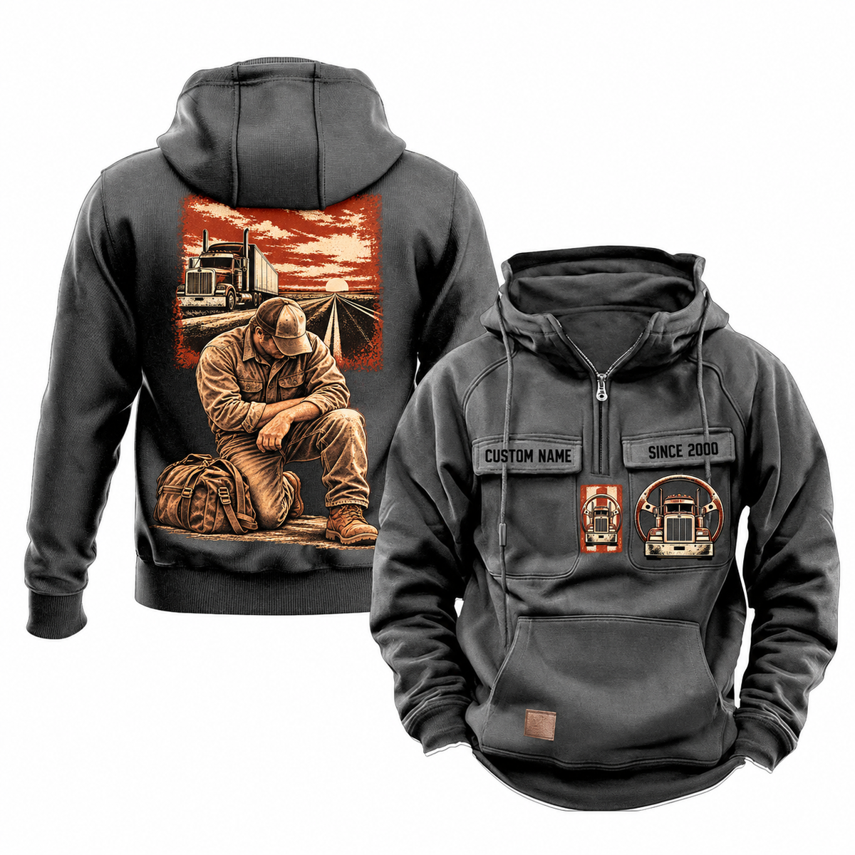 Trucker Ready Every Day Portrait Vintage Hoodie in Dark Gray, front and back views on white. Chest sample text reads CUSTOM NAME and SINCE 2000, with truck-and-steering-wheel emblems; back features a compact road-and-truck scene above a larger kneeling trucker beside a travel bag.