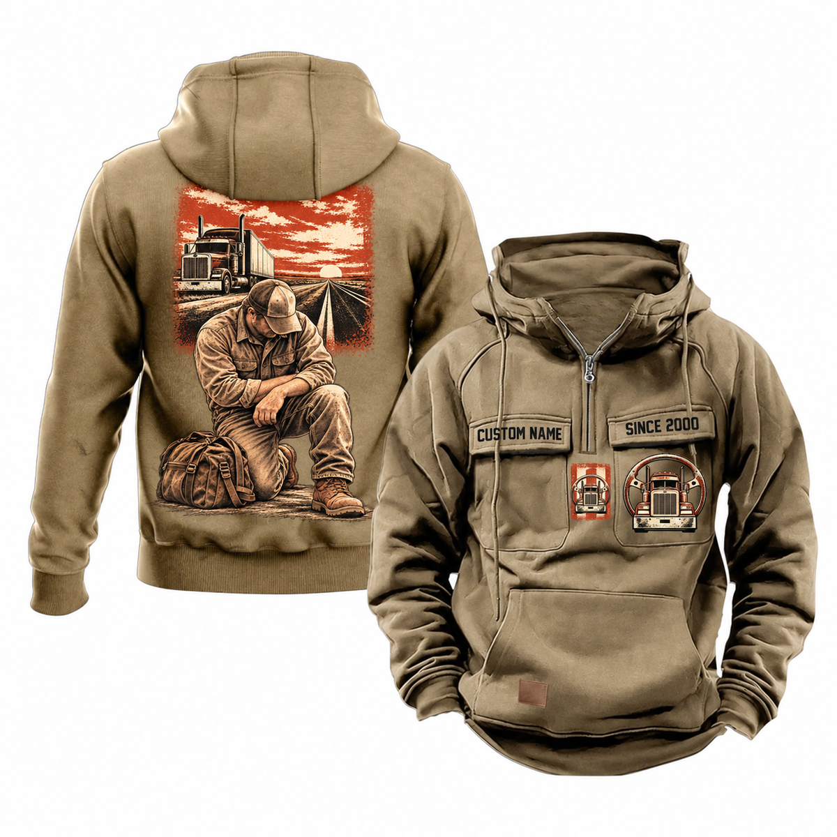 Trucker Ready Every Day Portrait Vintage Hoodie in Kaki, front and back views on white. Chest sample text reads CUSTOM NAME and SINCE 2000, with truck-and-steering-wheel emblems; back features a compact road-and-truck scene above a larger kneeling trucker beside a travel bag.