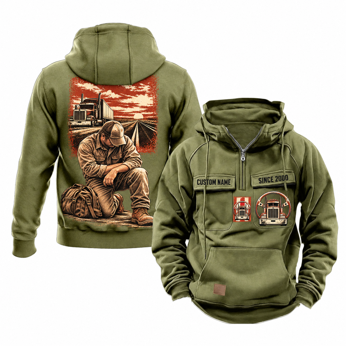 Trucker Ready Every Day Portrait Vintage Hoodie in Military Green, front and back views on white. Chest sample text reads CUSTOM NAME and SINCE 2000, with truck-and-steering-wheel emblems; back features a compact road-and-truck scene above a larger kneeling trucker beside a travel bag.